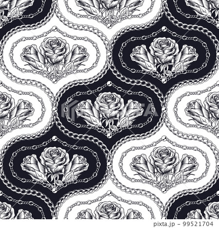 Damask black and white pattern with chains, roses 99521704