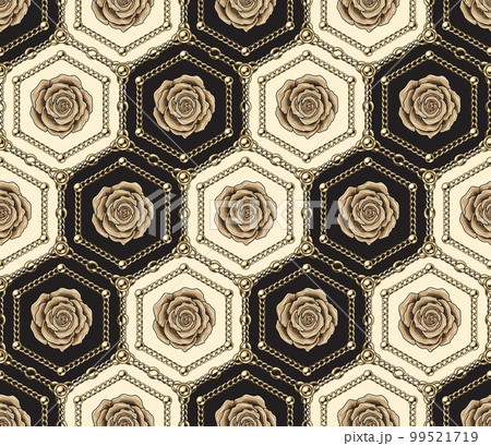 Hexagonal diagonal pattern with roses, chainsのイラスト素材 [99521719] - PIXTA