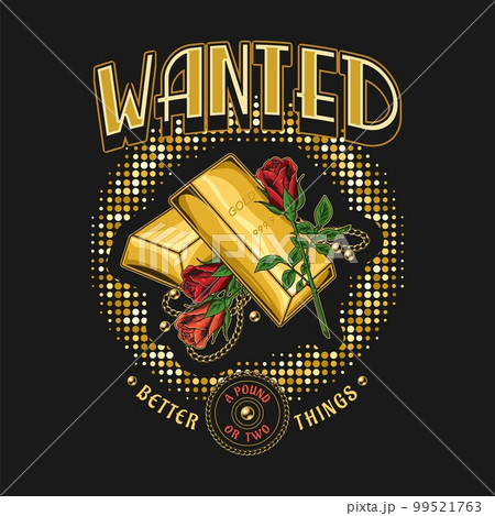 Colorful vintage label with stack of gold bars 99521763