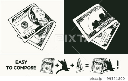 Folded in half american 100 dollar banknote with front and reverse side. 99521800