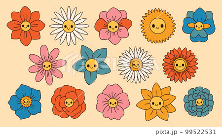 Groovy flowers set. Retro 70s smiling face flowers graphic elements isolated collection. Retro vintage flowers Groovy flowers set. Retro 70s smiling face flowers graphic elements isolated collection. Retro vintage flowers 99522531