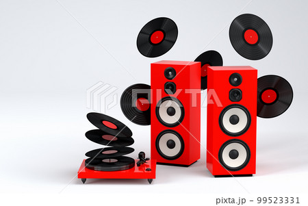 Set of Hi-fi speakers and DJ turntable for sound recording studio on white Set of Hi-fi speakers and DJ turntable for sound recording studio on white 99523331