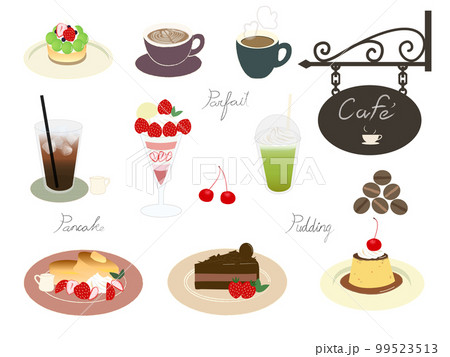 カフェの飲み物やスイーツのイラストセット（白バック） 99523513