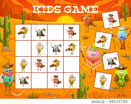 Sudoku game worksheet. Wild West cartoon cowboy, sheriff, bandit and robber vitamin characters. Kids intelligence game, sudoku quiz vector worksheet with Ca, Zn, Cu and Se, P, Mn funny personages 99524784