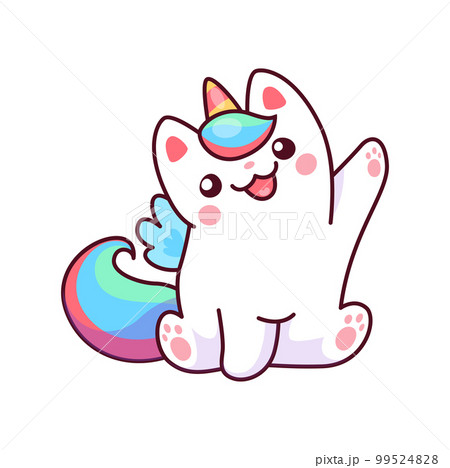 Caticorn character, Isolated vector unicorn cat fantasy fairy tale animal personage waving paw. Kawaii magic kitty with colorful tail, wings and horn welcome or greeting gesture. Funny magical kitten Caticorn character, Isolated vector unicorn cat fantasy fairy tale animal personage waving paw. Kawaii magic kitty with colorful tail, wings and horn welcome or greeting gesture. Funny magical kitten 99524828