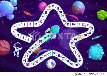 Kids board game astronaut in outer space, galaxy with planets and rocket. Vector worksheet, step boardgame with block start shaped path, numbers, start, finish, cartoon cosmonaut character and shuttle 99524843