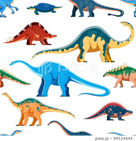 Funny dinosaurs cartoon characters seamless pattern. Jurassic era lizard textile vector print with Henodus, Shunosaurus, Wuerhosaurus and Melanorosaurus, Haplocanthosaurus, Polacanthus personages 99524844