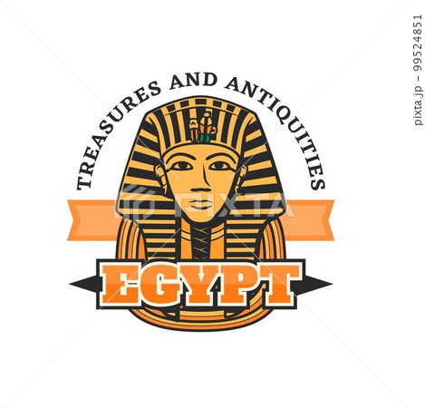 Tutankhamun mask. Egypt travel icon with ancient king pyramid tomb mummy golden sarcophagus. Egyptian culture, history and religion, archeology vector symbol or retro emblem Tutankhamun mask. Egypt travel icon with ancient king pyramid tomb mummy golden sarcophagus. Egyptian culture, history and religion, archeology vector symbol or retro emblem 99524851