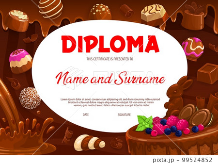 Kids diploma milk chocolate, praline and fudge candy, souffle, truffle and jelly, hazelnut bonbons. Cartoon vector fame with desserts, graduation or award certificate template for best confectioner 99524852