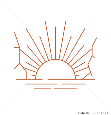 Boho sunrise or sunset icon, bohemian wall decor morning scenery, morning at sea scene. Vector wall art sunrise sunset print, sun with mountains Boho sunrise or sunset icon, bohemian wall decor morning scenery, morning at sea scene. Vector wall art sunrise sunset print, sun with mountains 99524853