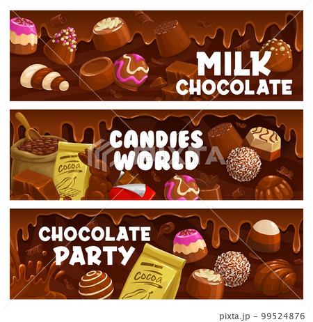 Milk chocolate, praline and fudge candy. Souffle, truffle and jelly, hazelnut bonbons. Horizontal vector banners with cocoa production, beans, melt drips and choco bars, sweet food, desserts ads cards Milk chocolate, praline and fudge candy. Souffle, truffle and jelly, hazelnut bonbons. Horizontal vector banners with cocoa production, beans, melt drips and choco bars, sweet food, desserts ads cards 99524876