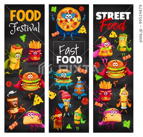 Cartoon fast food superhero characters. Takeaway restaurant vertical banners, street food vector background with burrito, pizza, hamburger and ice cream, coffee, french fries, nuggets cute personages Cartoon fast food superhero characters. Takeaway restaurant vertical banners, street food vector background with burrito, pizza, hamburger and ice cream, coffee, french fries, nuggets cute personages 99524879
