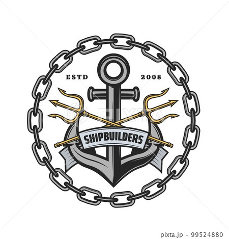 Shipbuilders heraldic icon with anchor and tridents in ship chain, nautical vector emblem. Sailing, seafaring or yachting club heraldry badge with crossed golden tridents and anchor for regatta sport Shipbuilders heraldic icon with anchor and tridents in ship chain, nautical vector emblem. Sailing, seafaring or yachting club heraldry badge with crossed golden tridents and anchor for regatta sport 99524880