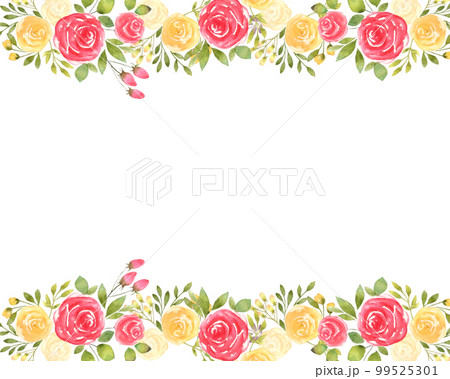 バラのはり絵 縦長デザイン ゴールドフレーム 幸せの黄色い薔薇おしゃれ水彩画風 縦のフレーム枠イラスト(無料
