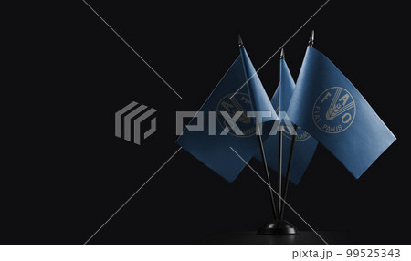 Small national flags of the Food and agriculture organization on a black background 99525343