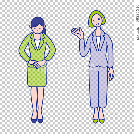 スーツを着た20代〜40代女性の全身イラスト素材　お詫びポーズ　こちらポーズ【セット】 99525516