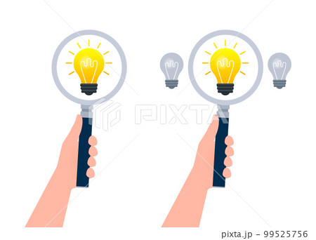 Search idea. Magnifying glass in hand. Ideas Analysis. Light bulb. 99525756