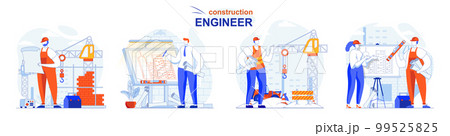 Construction engineer concept set. Architect with plan, contractor works on site. People isolated scenes in flat design. Vector illustration for blogging, website, mobile app, promotional materials. 99525825