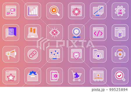 SEO optimization web glassmorphic icons set. Pack outline pictograms of data analysis, search machine, target, speed, settings, link, tech support, development and other. Vector line glass symbols SEO optimization web glassmorphic icons set. Pack outline pictograms of data analysis, search machine, target, speed, settings, link, tech support, development and other. Vector line glass symbols 99525894