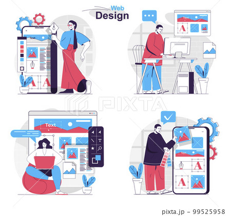 Web design concept set. Developers create page layout, place graphics and content. People isolated scenes in flat design. Vector illustration for blogging, website, mobile app, promotional materials. Web design concept set. Developers create page layout, place graphics and content. People isolated scenes in flat design. Vector illustration for blogging, website, mobile app, promotional materials. 99525958