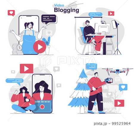 Video blogging concept set. Blogger create video content, stream online at channel. People isolated scenes in flat design. Vector illustration for blogging, website, mobile app, promotional materials. 99525964