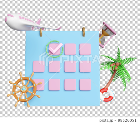 3d calendar with airplane icons, marked date, palm tree, hourglass, flight isolated. schedule appointment, summer travel, itinerary concept, 3d render illustration 99526051