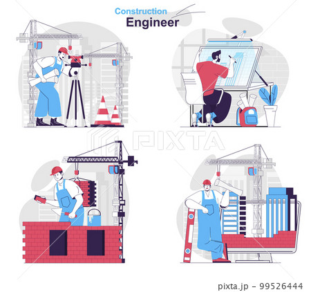 Construction engineer concept set. Surveyor, architect, builder and foreman work. People isolated scenes in flat design. Vector illustration for blogging, website, mobile app, promotional materials. 99526444