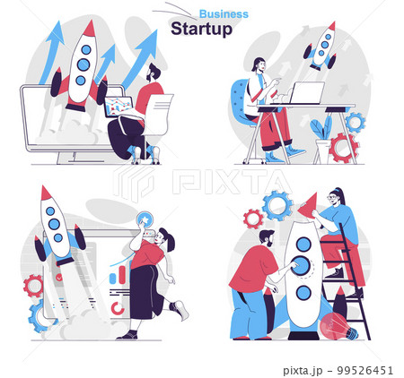 Business startup concept set. Successful launch new project, company development. People isolated scenes in flat design. Vector illustration for blogging, website, mobile app, promotional materials. Business startup concept set. Successful launch new project, company development. People isolated scenes in flat design. Vector illustration for blogging, website, mobile app, promotional materials. 99526451