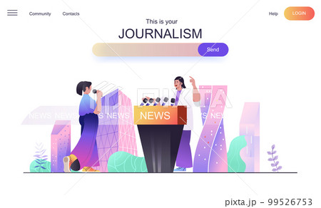 Journalism web concept for landing page. Woman speaker speaks at press conference, journalist with microphone asks questions banner template. Vector illustration for web page in flat cartoon design 99526753