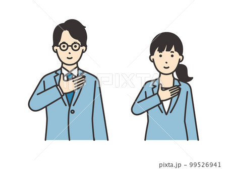 胸に手を当てるスーツを着た女性と男性のイラスト素材セット 99526941