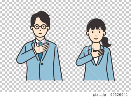 胸に手を当てるスーツを着た女性と男性のイラスト素材セット 99526941