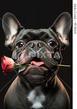 Portrait of a french bulldog dog holding a red rose in its teeth on a black background. 99527880
