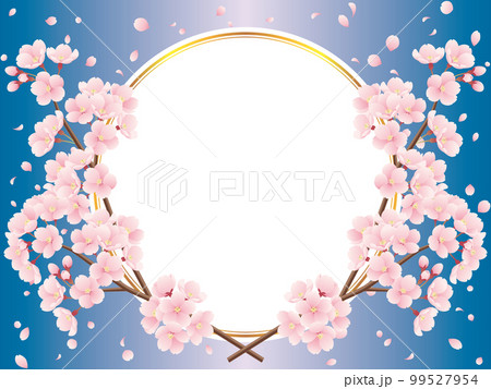 交差した桜の枝と桜吹雪と金色ラインの丸フレームのイラスト（青） 99527954