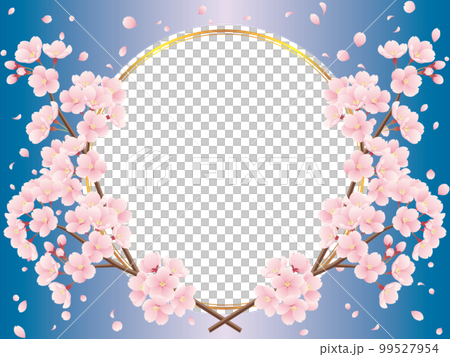 交差した桜の枝と桜吹雪と金色ラインの丸フレームのイラスト（青） 99527954