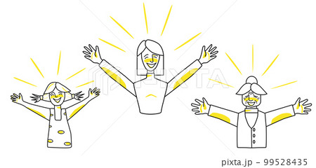Happy female set. Young, adult and old women with emotion of happiness, smiling, open arms, joyful sun rays. Line art drawing humans. Happy female set. Young, adult and old women with emotion of happiness, smiling, open arms, joyful sun rays. Line art drawing humans. 99528435