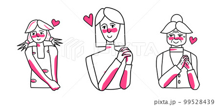 Female in love set. Collection of beloved young, adult and old women with passion, smiling. Line art drawing human characters. 99528439