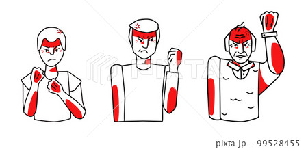 Angry male set. Young, adult and old man with an irritated mood, anger, choleric emotion, threaten with fists. Line art drawing human characters. 99528455