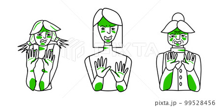 Disgust emotion female set. Young, adult and old women with a disgusted mood, negative reaction, cover themself with hands. Line art drawing human characters. 99528456
