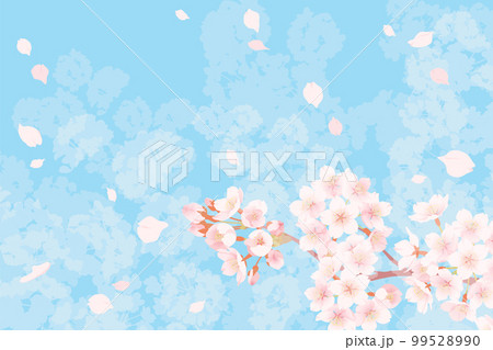 満開の桜と桜吹雪のイラスト、春のイメージの背景素材 99528990