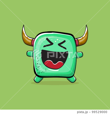 Vector cartoon funny green monster with horn isolated on green background. Smiling silly green monster print sticker design template. Ghost, troll, gremlin, goblin, devil and monster clip art 99529000