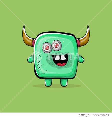 Vector cartoon funny green monster with horn isolated on green background. Smiling silly green monster print sticker design template. Ghost, troll, gremlin, goblin, devil and monster clip art Vector cartoon funny green monster with horn isolated on green background. Smiling silly green monster print sticker design template. Ghost, troll, gremlin, goblin, devil and monster clip art 99529024
