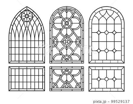 Arched vintage old window set with stained glass Arched vintage old window set with stained glass 99529137