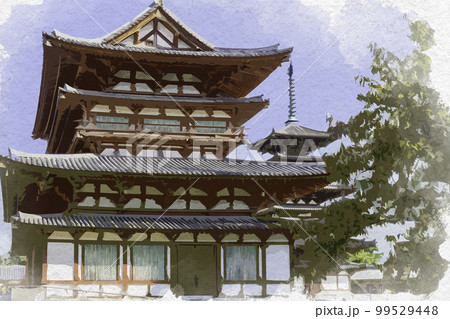 水彩画風　薬師寺　金堂　奈良県奈良市 99529448