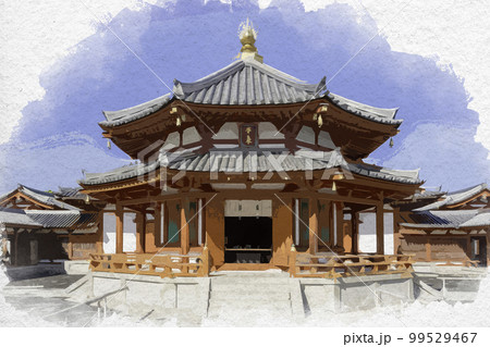水彩画風　薬師寺　玄奘三蔵院伽藍　玄奘塔　奈良県奈良市 99529467