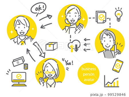 ビジネスパーソンとビジネス素材のアイコン風手描きイラストセット シンプルでお洒落な線画イラスト ビジネスパーソンとビジネス素材のアイコン風手描きイラストセット シンプルでお洒落な線画イラスト 99529846
