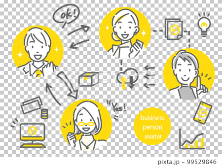 ビジネスパーソンとビジネス素材のアイコン風手描きイラストセット シンプルでお洒落な線画イラスト ビジネスパーソンとビジネス素材のアイコン風手描きイラストセット シンプルでお洒落な線画イラスト 99529846