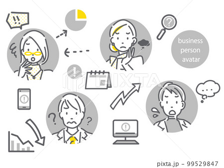 ビジネスパーソンとビジネス素材のアイコン風手描きイラストセット シンプルでお洒落な線画イラスト ビジネスパーソンとビジネス素材のアイコン風手描きイラストセット シンプルでお洒落な線画イラスト 99529847