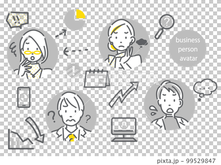 ビジネスパーソンとビジネス素材のアイコン風手描きイラストセット シンプルでお洒落な線画イラスト ビジネスパーソンとビジネス素材のアイコン風手描きイラストセット シンプルでお洒落な線画イラスト 99529847