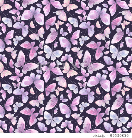 Delicate lilac butterflies on a dark purple background. Watercolor illustration. Seamless pattern from the collection of CATS AND BUTTERFLIES. For design of fabric, textiles, wallpaper, packaging 99530356