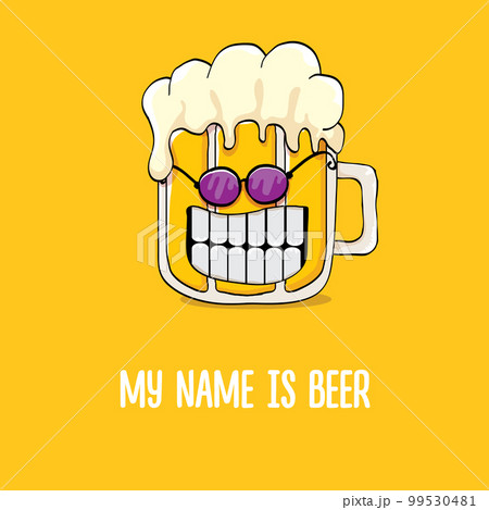 vector cartoon funky beer glass character with sunglasses isolated on orange background.vector beer comic label or poster design template. My name is beer or happy friday print illustration vector cartoon funky beer glass character with sunglasses isolated on orange background.vector beer comic label or poster design template. My name is beer or happy friday print illustration 99530481